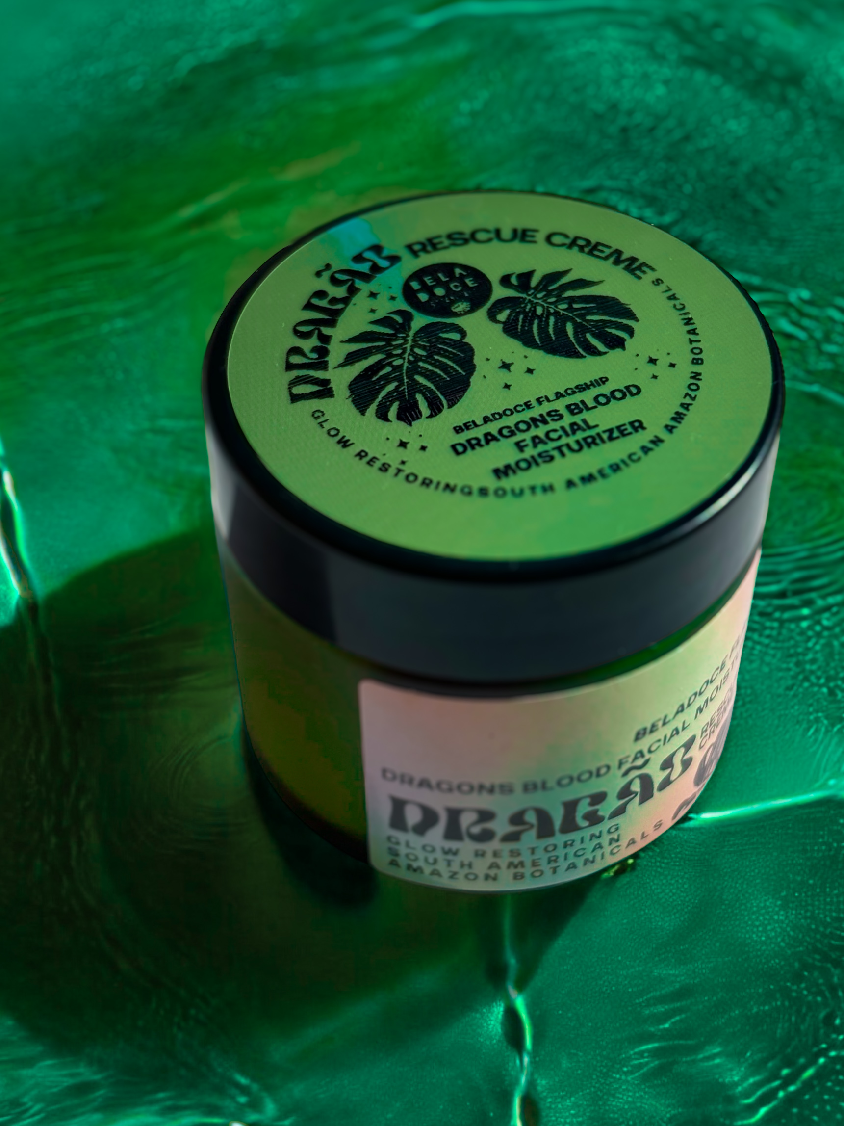 The Dragão Rescue Creme displayed on a rustic wooden surface, highlighting the sustainable Amazonian ingredients, including croton lechleri sap, cupuaçu butter, and Amazonian oils, with an eco-luxe vibe.