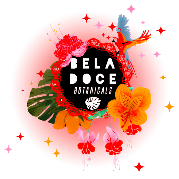 colorful beladoce botanicals logo. blocky white print on black circle with monstera leaf. colorful monstera leaves, orchids, and parrots surround logo.